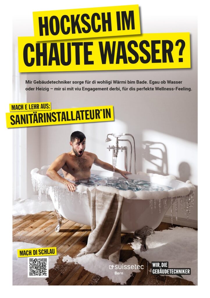 Flyer «Hocksch im chaute Wasser» für Lehrstelle als Sanitärinstallateur*in